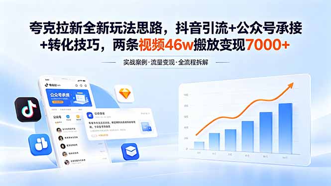 夸克拉新全新玩法思路，抖音引流+公众号承接+转化技巧，两条视频46w搬放 变现7000+-dabaowz