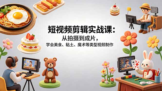 短视频剪辑实战课：从拍摄到成片，学会美食、粘土、魔术等类型视频制作-dabaowz