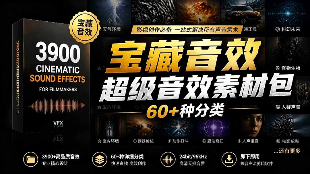 宝藏音效合集包！60+多种音效分类，共计3900个，分类清晰，全中文分类，高品质剪辑音效素材包-dabaowz