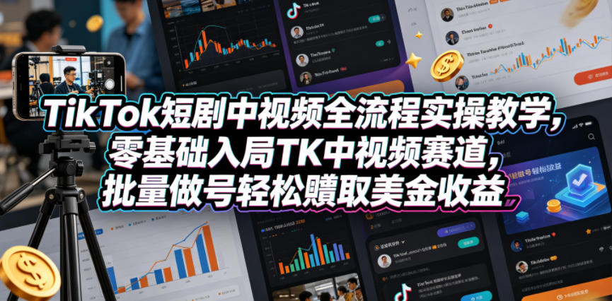 TikTok短剧中视频全流程实操教学，零基础入局TK中视频赛道，批量做号轻松賺取美金收益-dabaowz