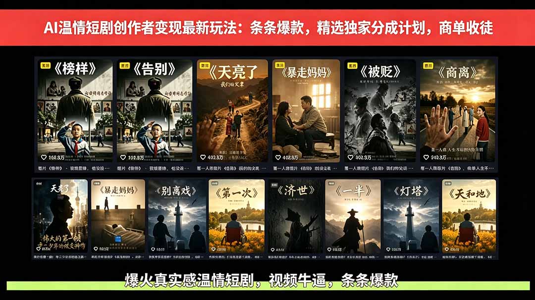AI温情短剧创作者变现最新玩法：视频牛逼，条条爆款，精选独家分成计划，商单收徒-dabaowz