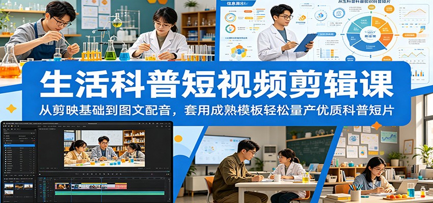 生活科普短视频剪辑课：从剪映基础到图文配音，套用成熟模板轻松量产优质科普短片-dabaowz