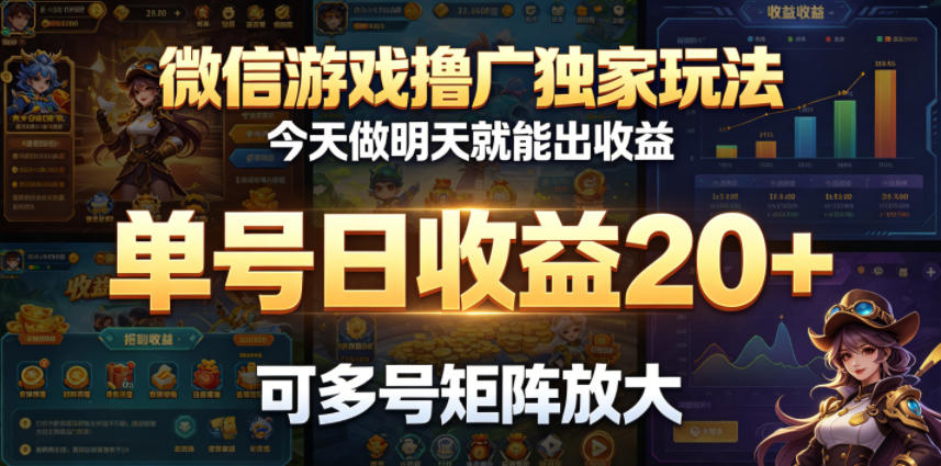 微信游戏撸广独家玩法，今天做明天就能出收益，单号日收益20+，可多号矩阵放大-dabaowz