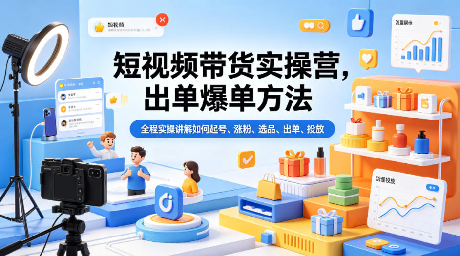 短视频带货实操营，出单爆单方法，全程实操讲解如何起号、涨粉、选品、出单、投放(更新0515)-dabaowz