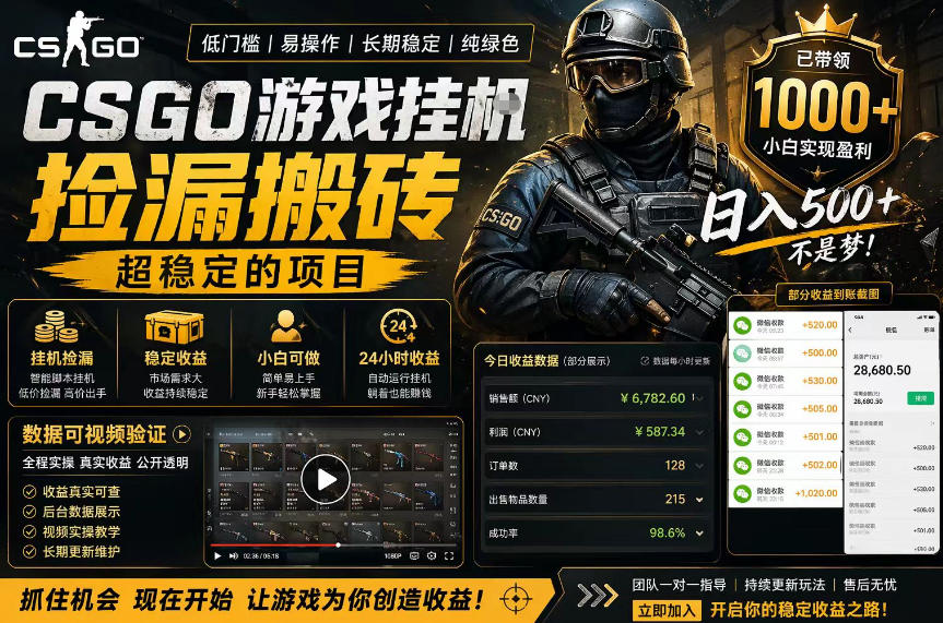 CSGO游戏搬砖，全自动挂G，不需要玩游戏，手机操作日入300+，解放双手【揭秘】-dabaowz