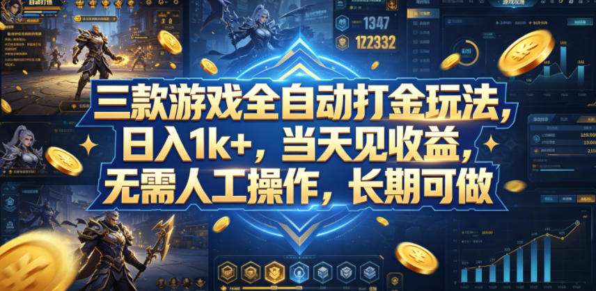 三款游戏全自动打金玩法，日入1k+，当天见收益，无需人工操作，长期可做【揭秘】-dabaowz