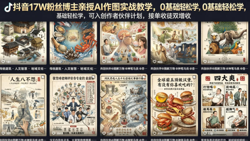 抖音17W粉丝博主亲授AI作图实战教学，0基础轻松学，可入创作者伙伴计划，接单收徒双增收-dabaowz