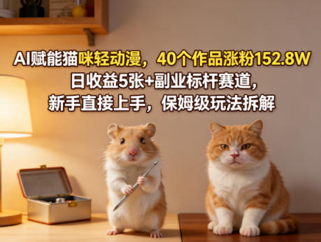 AI赋能猫咪轻动漫，40个作品涨粉152.8W，日收益5张+副业标杆赛道，新手直接上手，保姆级玩法拆解-dabaowz