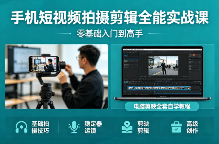 手机短视频拍摄剪辑全能实战课：零基础入门到高手，稳定器运镜+电脑剪映全套自学教程-dabaowz