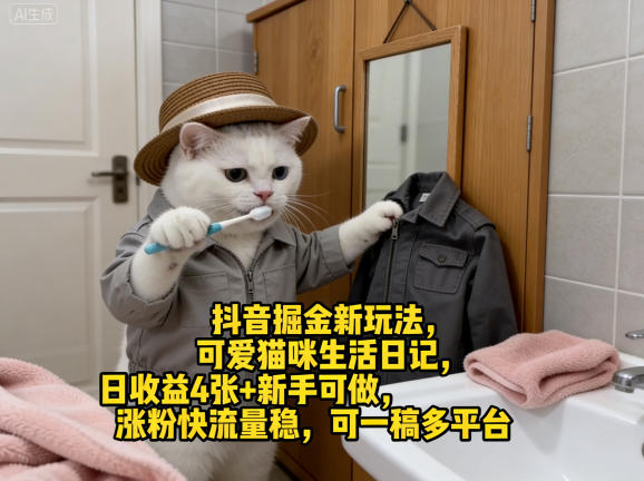 抖音掘金新玩法，可爱猫咪生活日记，日收益4张+新手可做，涨粉快流量稳，可一稿多平台-dabaowz