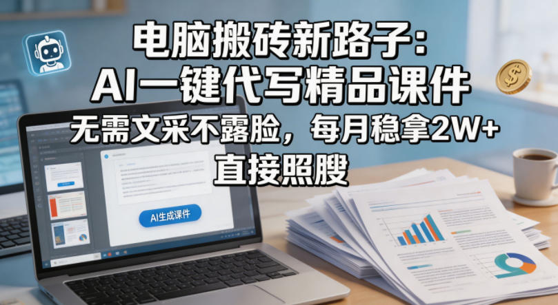 电脑搬砖新路子：AI一键代写精品课件，无需文采不露脸，每月稳拿2W+，直接照搬-dabaowz