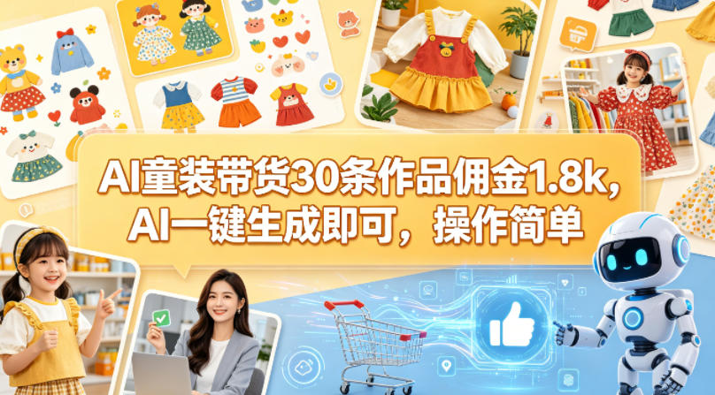 AI童装带货30条作品佣金1.8k，AI一键生成即可，操作简单-dabaowz
