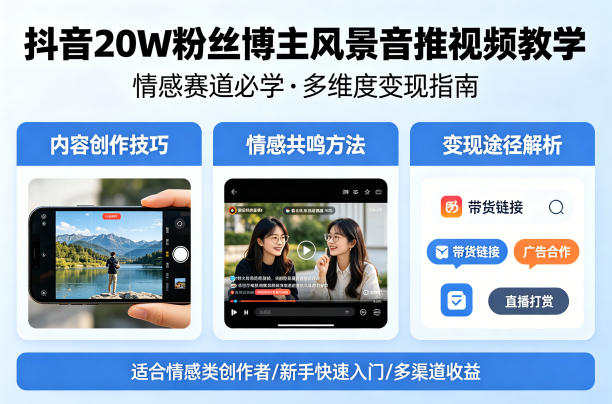 抖音20W粉丝博主风景音推视频教学，情感赛道必学，各种变现途径-dabaowz