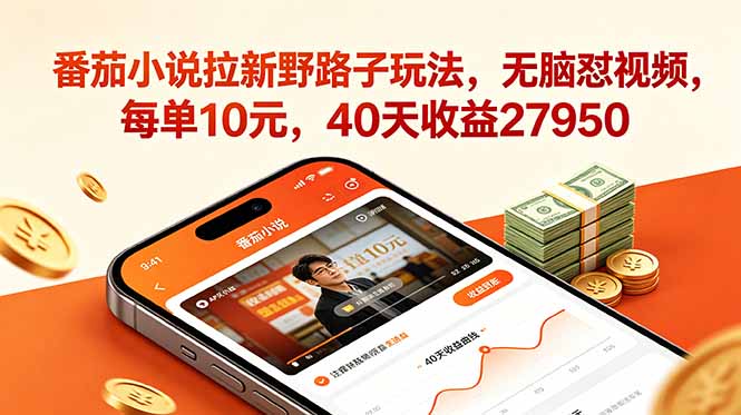 番茄小说拉新野路子玩法，无脑怼视频，每单10元，40天收益27950-dabaowz