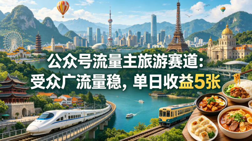 公众号流量主之旅游赛道，受众广+流量稳，平均单日收益5张+-dabaowz