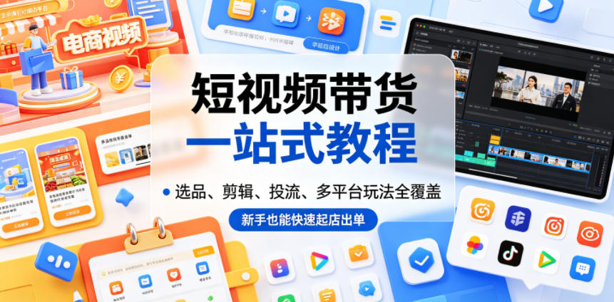 短视频带货一站式教程，选品、剪辑、投流、多平台玩法全覆盖，新手也能快速起店出单-dabaowz