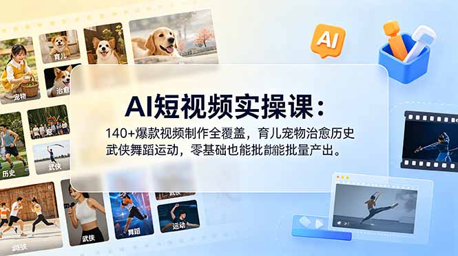 AI短视频实操课：140+爆款视频制作全覆盖，育儿宠物治愈历史武侠舞蹈运动，零基础也能批量产出-dabaowz