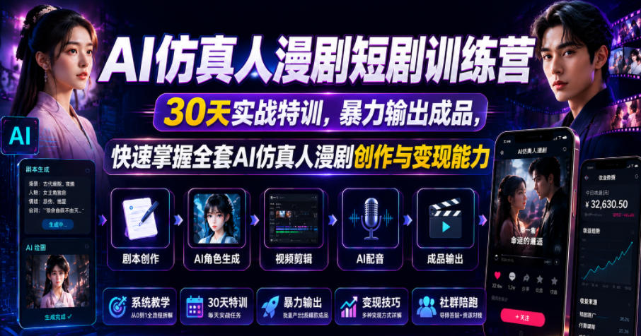 AI仿真人漫剧短剧训练营，30天实战特训，暴力输出成品，快速掌握全套AI仿真人漫剧创作与变现能力-dabaowz