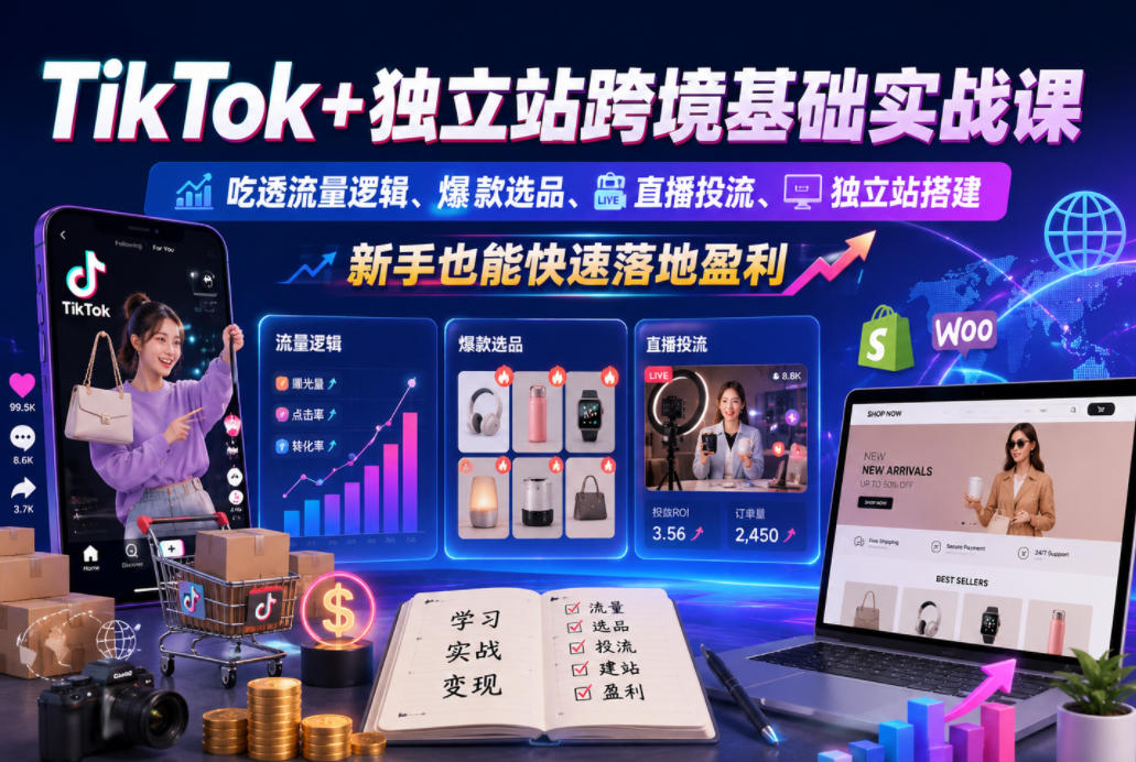 TikTok+独立站跨境基础实战课，吃透流量逻辑、爆款选品、直播投流与独立站搭建，新手也能快速落地盈利-dabaowz