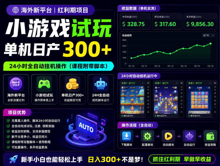 海外新平台，小游戏试玩，单机日产300+，24小时全自动挂G操作(课程附带脚本)【揭秘】-dabaowz