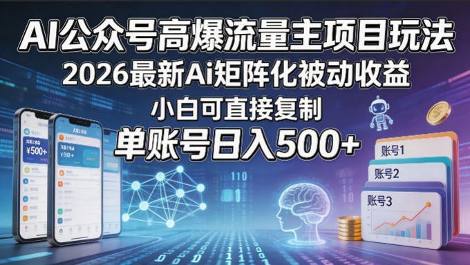 AI公众号高爆流量主项目玩法，2026最新Ai矩阵化被动收益，小白可直接复制，单账号日入500+-dabaowz