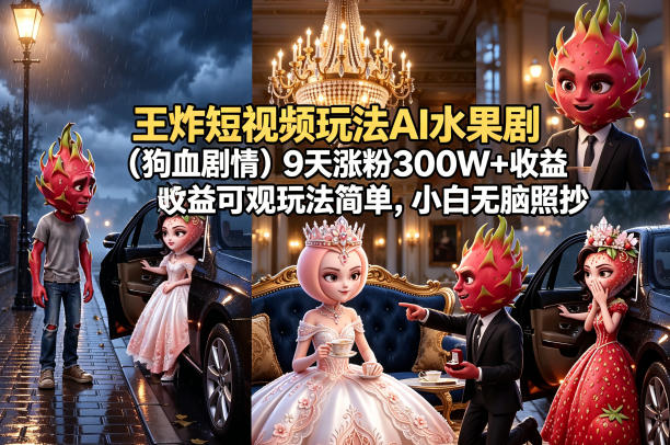 王炸短视频玩法AI水果剧(狗血剧情)9天涨粉300W+收益可观玩法简单，小白无脑照抄，详细拆解玩法-dabaowz