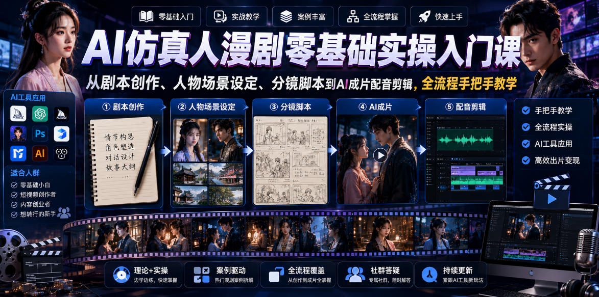 AI仿真人漫剧零基础实操入门课，从剧本创作、人物场景设定、分镜脚本到AI成片配音剪辑，全流程手把手教学-dabaowz