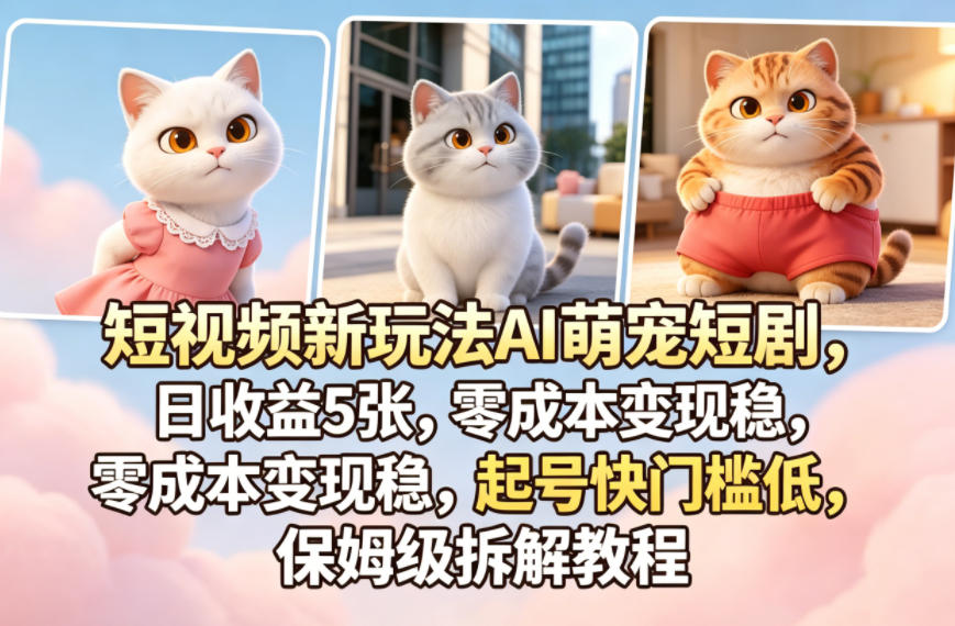 短视频新玩法AI萌宠短剧，日收益5张，零成本变现稳，起号快门槛低，保姆级拆解教程-dabaowz