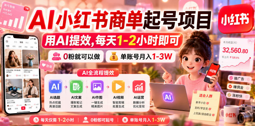 AI小红书商单起号项目，用AI提效,每天1-2小时即可，0粉就可以做，单账号月入1-3W-dabaowz