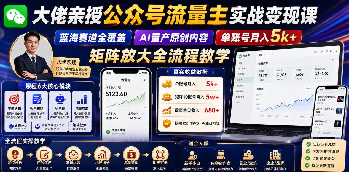 大佬亲授公众号流量主实战变现课，蓝海赛道全覆盖，AI量产原创内容，单账号月入5k+矩阵放大全流程教学-dabaowz