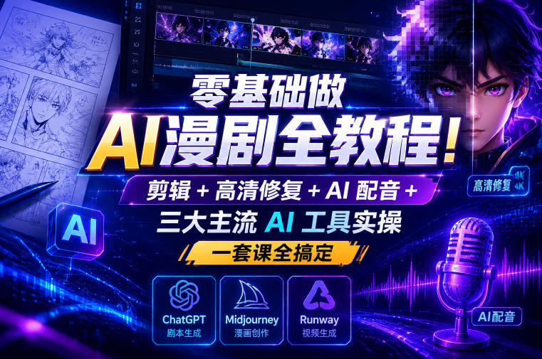 零基础做AI漫剧全教程！剪辑+高清修复+AI配音+三大主流AI工具实操，一套课全搞定-dabaowz