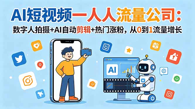 AI短视频一人流量公司：数字人拍摄+AI自动剪辑+热门涨粉，从0到1流量增长-dabaowz
