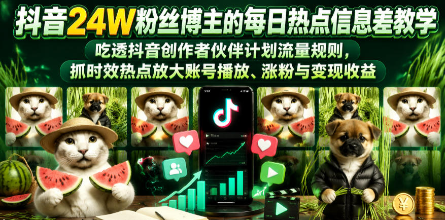 抖音24W粉丝博主的每日热点信息差教学，吃透创作者伙伴计划流量规则，抓时效热点放大账号播放、涨粉与变现收益(更新)-dabaowz