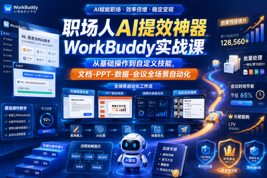 职场人AI提效神器WorkBuddy实战课，从基础操作到自定义技能，文档-PPT-数据-会议全场景自动化-dabaowz