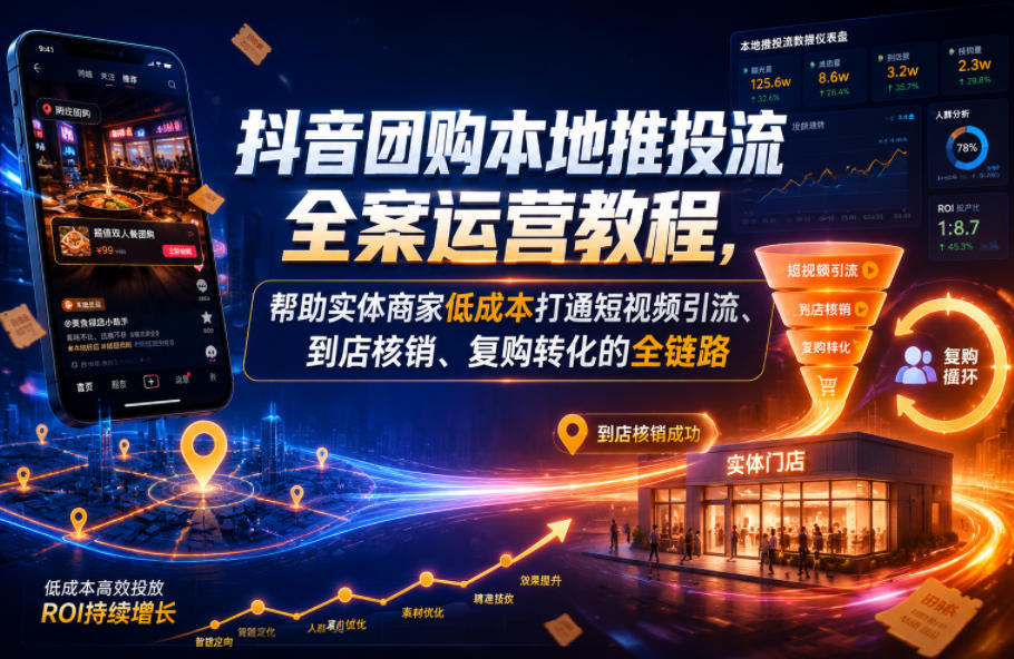 抖音团购本地推投流全案运营教程，帮助实体商家低成本打通短视频引流、到店核销、复购转化的全链路-dabaowz