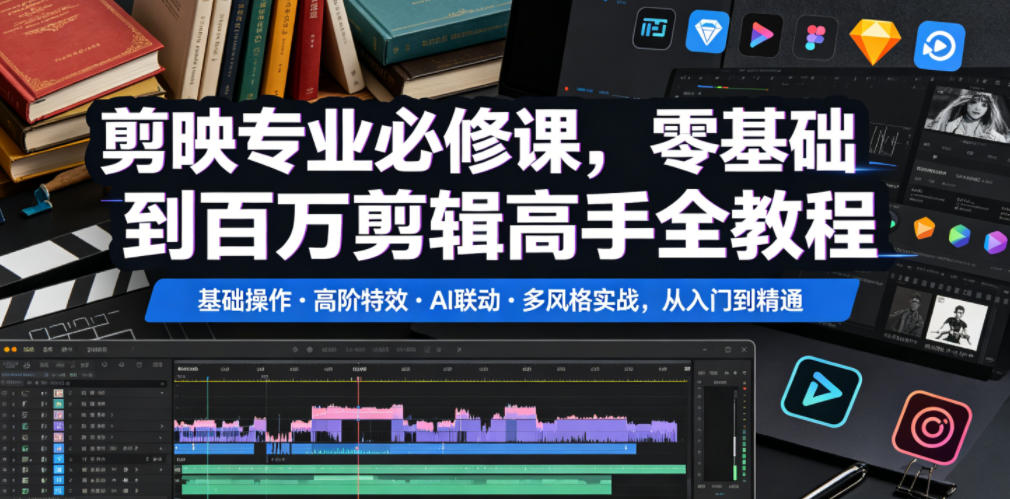 剪映专业必修课，零基础到百万剪辑高手全教程，基础操作・高阶特效・AI联动・多风格实战，从入门到精通-dabaowz