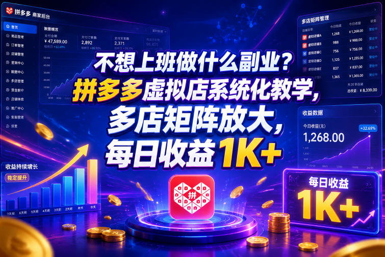 不想上班做什么副业？拼多多虚拟店系统化教学，多店矩阵放大，每日收益1K+【揭秘】-dabaowz