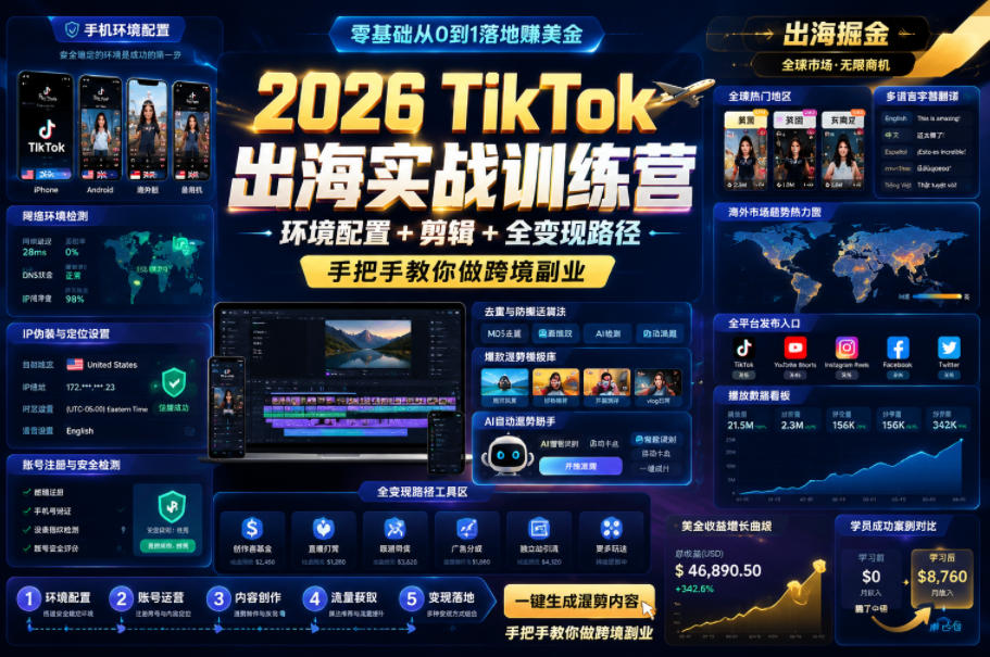 2026 TikTok出海实战训练营，环境配置 + 剪辑 + 全变现路径，手把手教你做跨境副业-dabaowz