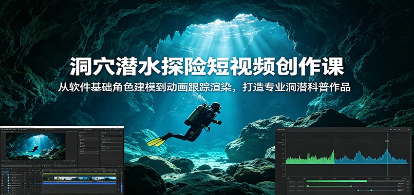 洞穴潜水探险短视频创作课：从软件基础角色建模到动画跟踪渲染，打造专业洞潜科普作品-dabaowz