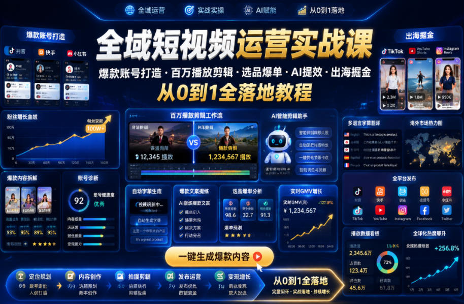 全域短视频运营实战课，爆款账号打造・百万播放剪辑・选品爆单・AI提效・出海掘金，从0到1全落地教程-dabaowz