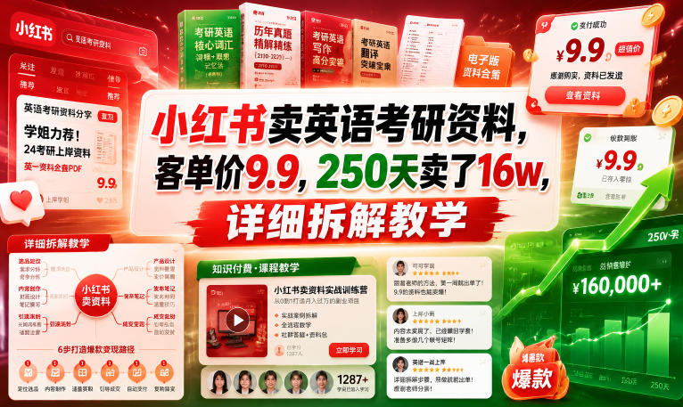 小红书卖英语考研资料，客单价9.9，250天卖了16w，详细拆解教学-dabaowz