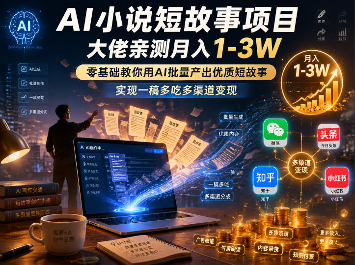 AI小说短故事项目，大佬亲测月入1-3W，零基础教你用AI批量产出优质短故事，实现一稿多吃多渠道变现-dabaowz