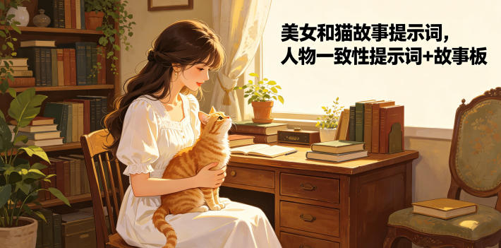 美女和猫故事提示词，人物一致性提示词+故事板-dabaowz
