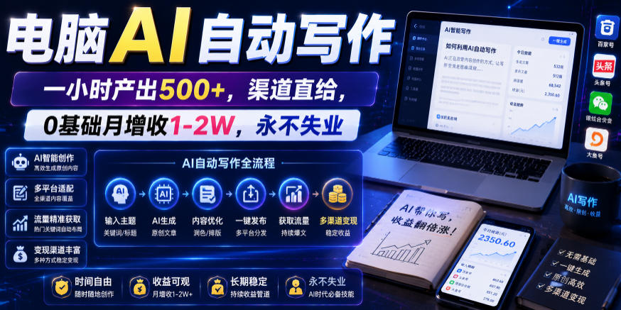 电脑AI自动写作，一小时产出500+，渠道直给，0基础月增收1-2W，永不失业【揭秘】-dabaowz