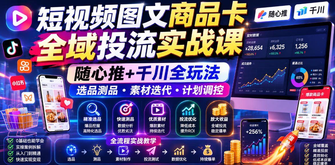 短视频图文商品卡全域投流实战课，随心推+千川全玩法，选品测品・素材迭代・计划调控，提升ROI爆单增收教程-dabaowz