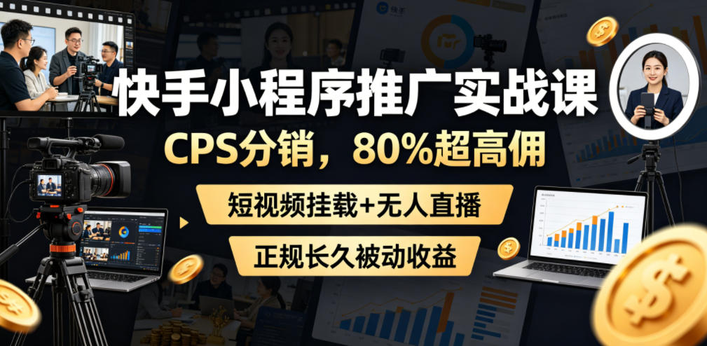 快手小程序推广实战课，CPS分销，80%超高佣，短视频挂载+无人直播，正规长久被动收益-dabaowz