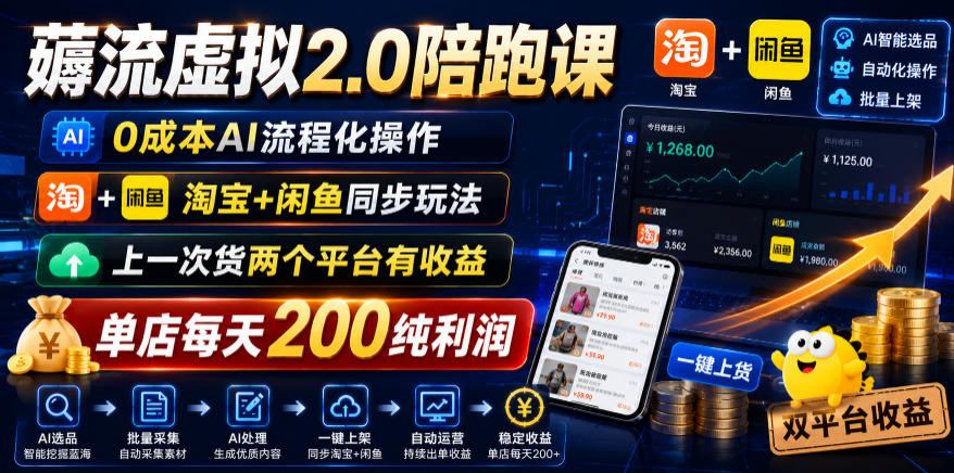 薅流虚拟2.0陪跑课，0成本AI流程化操作，淘宝+闲鱼同步玩法，上一次货两个平台有收益，单店每天200纯利润-dabaowz
