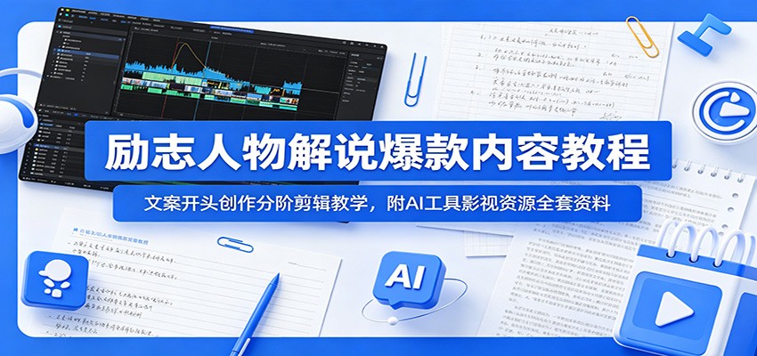 励志人物解说爆款内容教程：文案开头创作分阶剪辑教学，附AI 工具影视资源全套资料-dabaowz