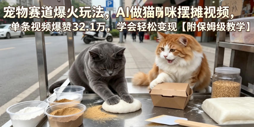 宠物赛道爆火玩法，AI做猫咪摆摊视频，单条视频爆赞32.1万，学会轻松变现【附保姆级教学】-dabaowz