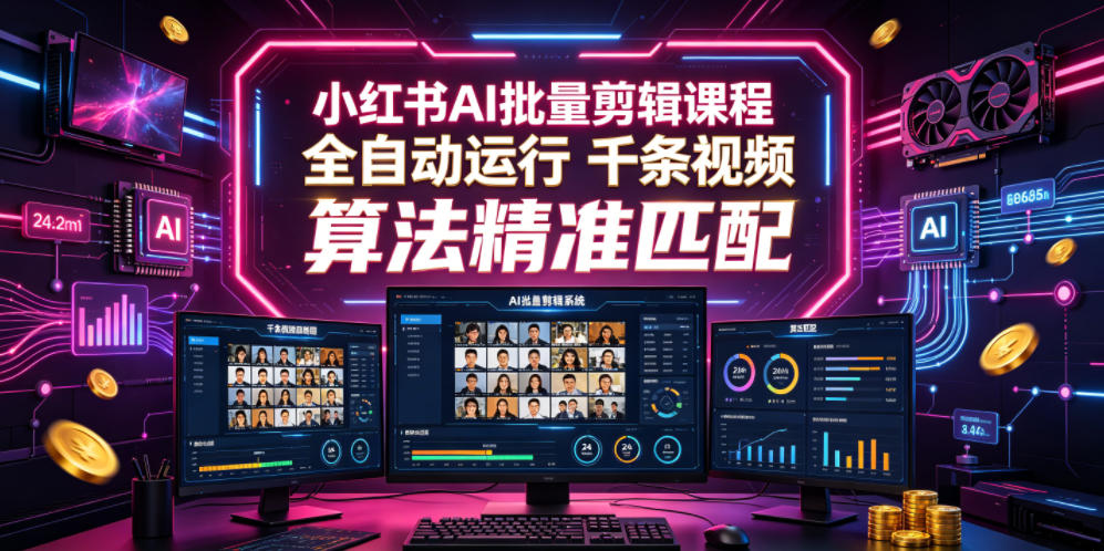 小红书AI批量剪辑课程，24小时全自动运行，解放双手专注运营，千条视频批量处理，小红书算法精准匹配-dabaowz